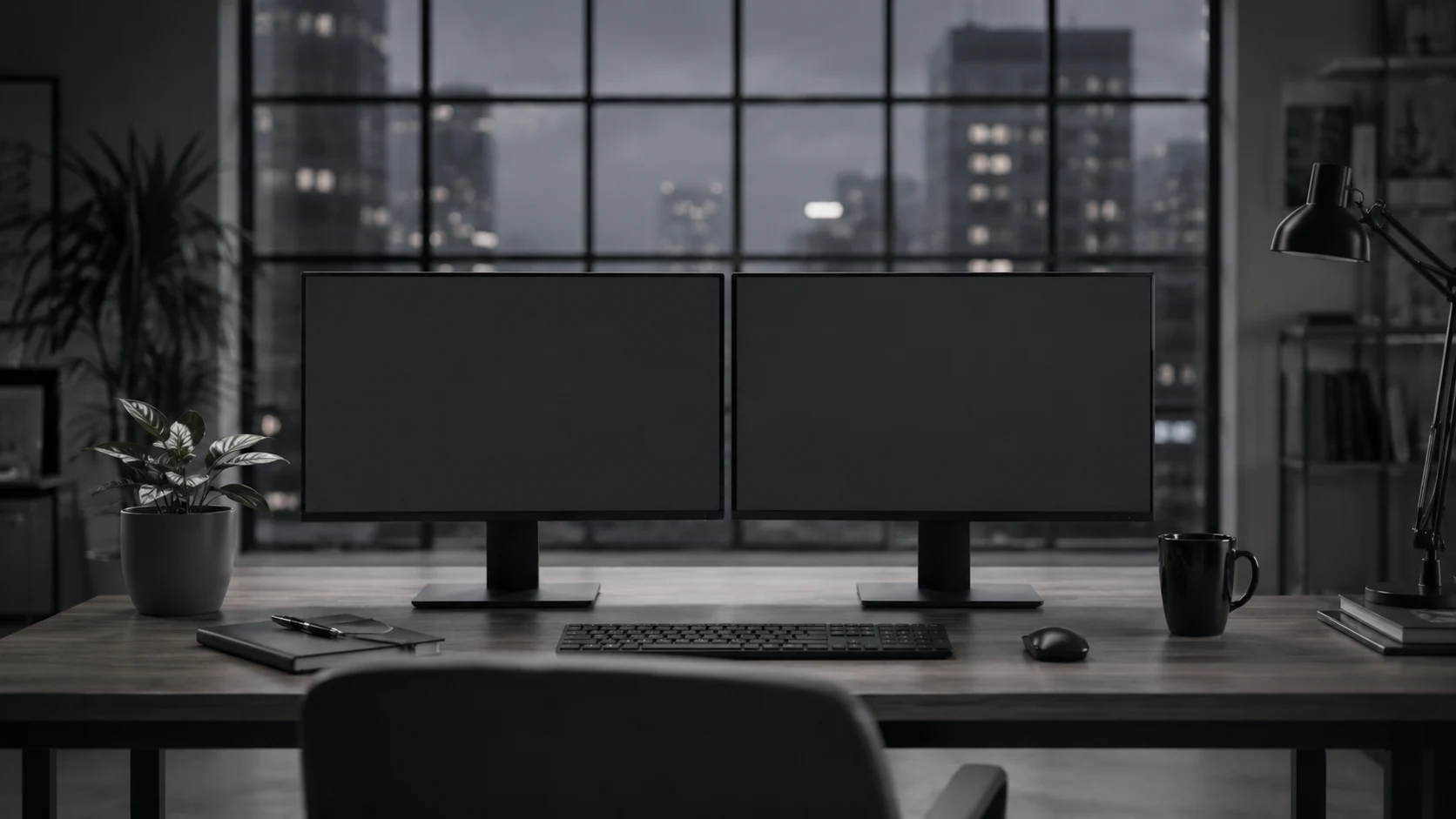 A desk with two monitors